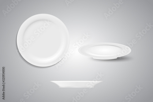 White three dimensional vector plate for dining mock ups, food event banner, poster, serving meal illustration. Cooking or degustation symbol. Kitchen porcelain,  dishware. Empty angles for branding.