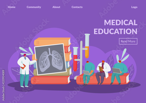 Medical education training for doctors vector illustration website internet page banner. Lecturer teaches people students interns of lung disease. Huge textbooks, test tubes.