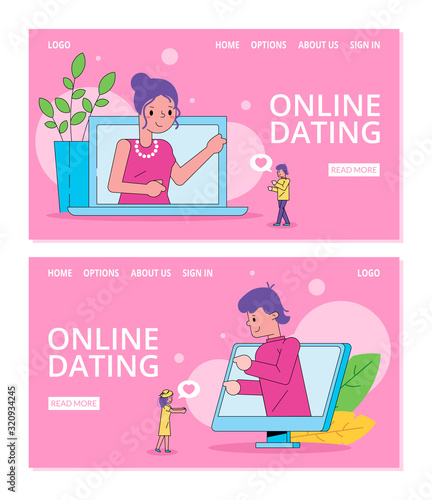 Online dating vector illustration, girl and man people in love web page inter...
