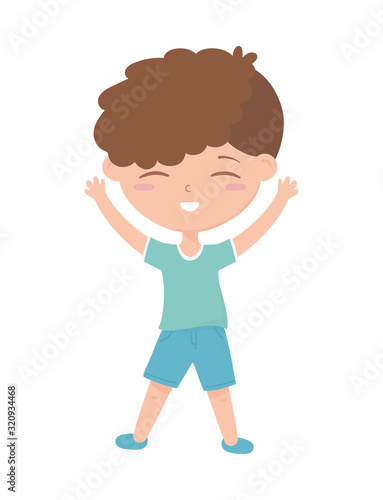 happy childrens day, cute boy hands up celebration cartoon character