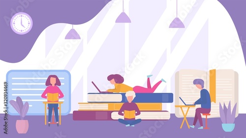 Readers with books in library reading room vector illustration banner concept. Different people study textbooks or fiction. Male student sitting with laptop at table, girl lying on pile.