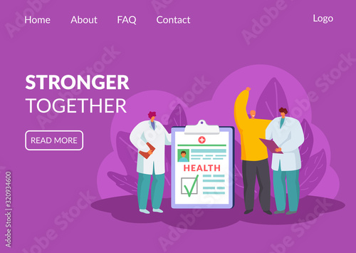 Fight against cancer, win over oncology vector illustration website. Stronger together concept. Happy recovered patient. Doctors with medical report, diagnosis is healthy. Web page landing banner.