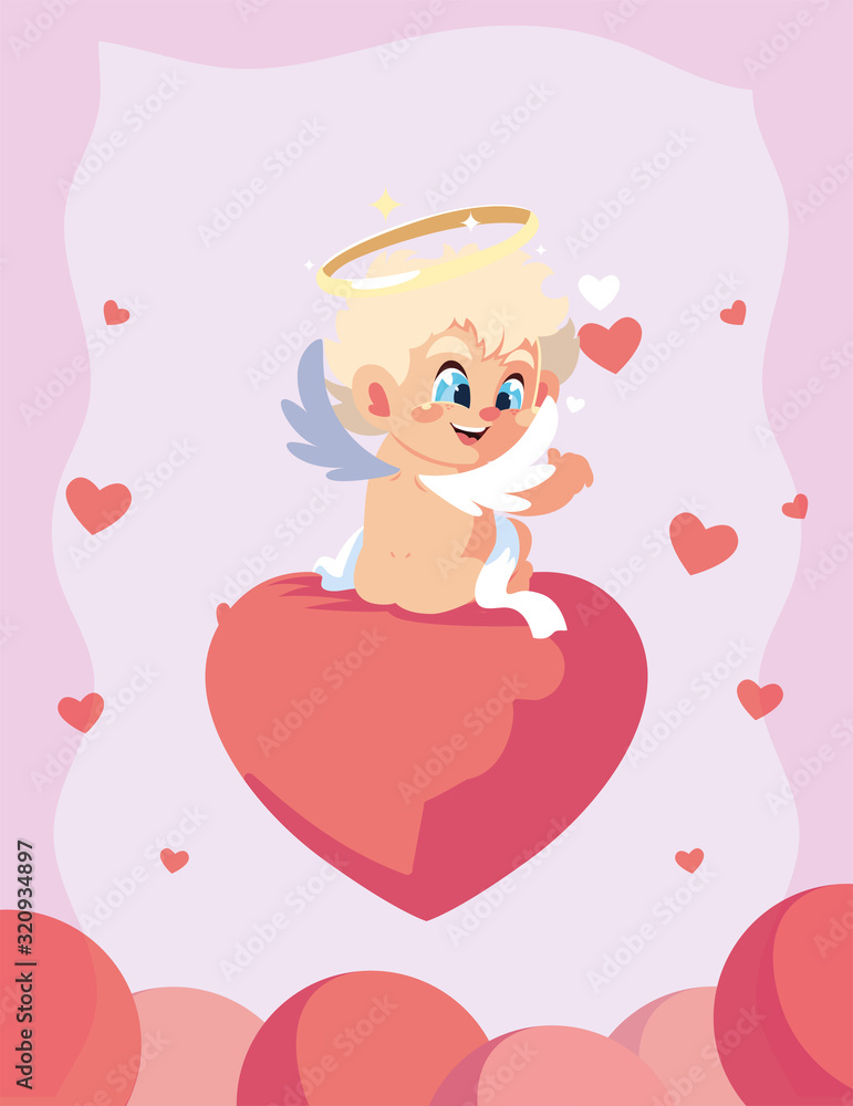 Happy valentines blond cupid cartoon over heart vector design Happy valentines blond cupid cartoon over heart vector design