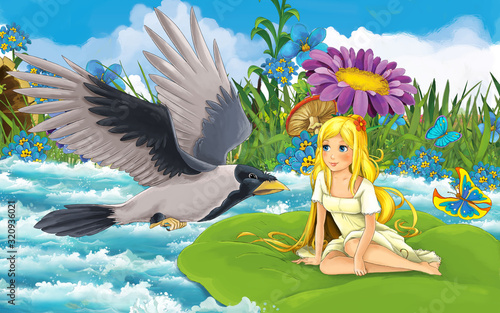 cartoon girl in the forest sailing in the river on the leaf with a wild bird illustration