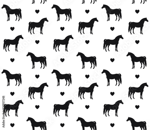 Vector equestrian seamless pattern of black horse silhouette and hearts isolated on white background