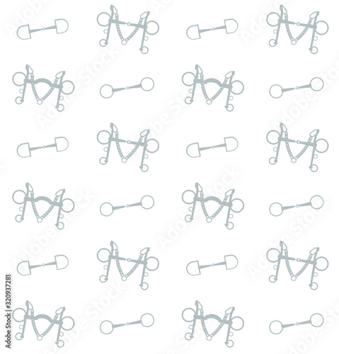 Vector equestrian seamless pattern of flat cartoon different horse bits isolated on white background