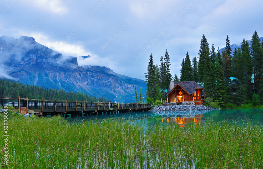 Fototapeta premium Overview of Emerald Lake after sunset, Yoho National Park, British Columbia, 
