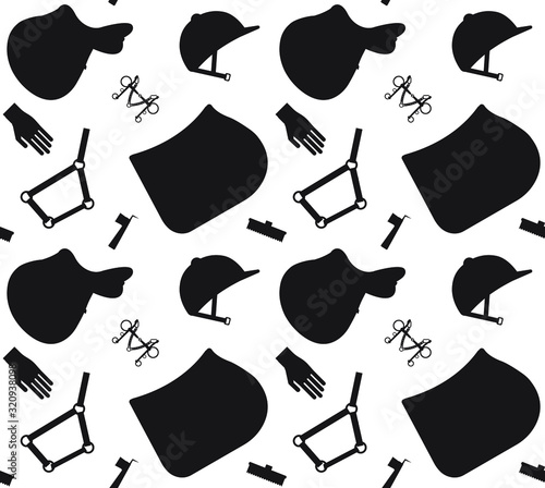 Vector equestrian seamless pattern of black flat horse riding sport equipment isolated on white background