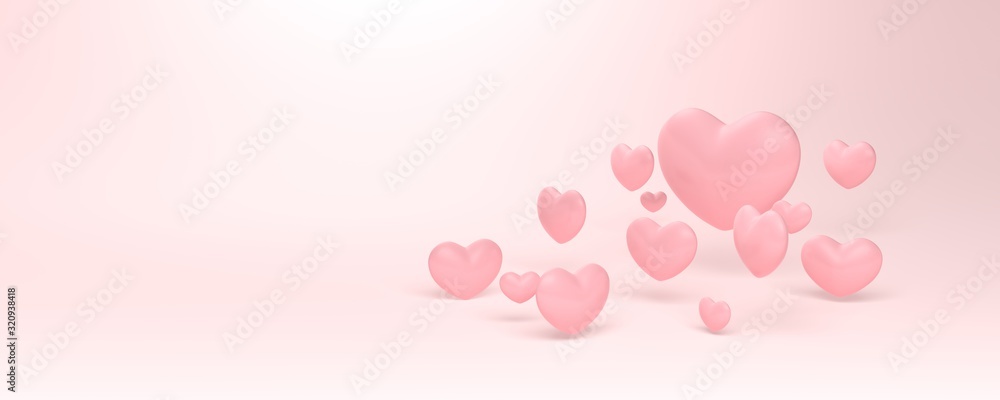 Pink heart isolated on light pink background. 3d illustration. Multiple objects. Different sizes.