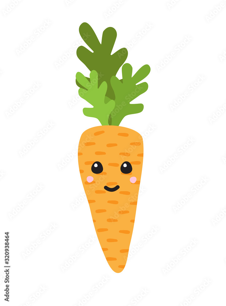 Vector flat cartoon hand drawn doodle carrot with kawaii face isolated on white background Vector flat cartoon hand drawn doodle carrot with kawaii face isolated on white background