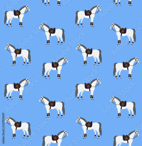 Vector seamless pattern of white gray flat cartoon equipped horse with saddle and bridle isolated on blue background