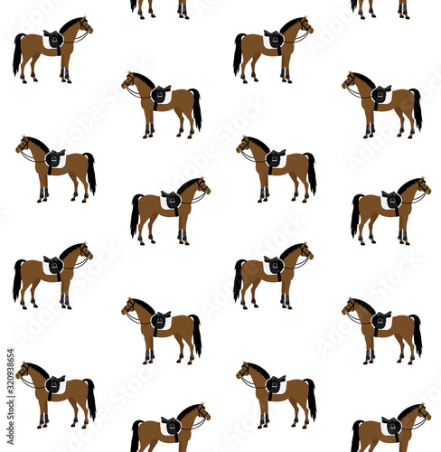 Vector seamless pattern of bay brown flat cartoon equipped horse with saddle and bridle isolated on white background