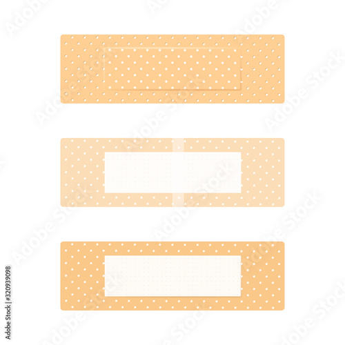Vector set of medical bandage images. 3 adhesive patches with wrapper and without on adhezive side. First help for skin damage. Fabric plasters isolated on white. Medical illustration elements.