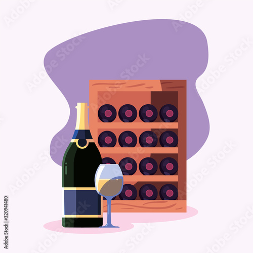 Wine bottles cellar and cup vector design