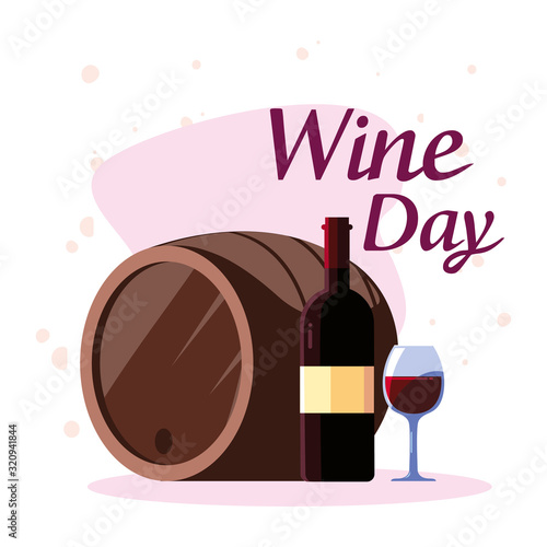Bottle barrel and cup of wine day vector design