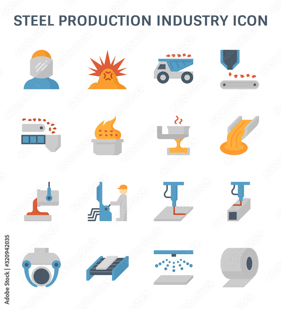 Φωτογραφία Steel production industry, manufacturing and metallurgy vector icon consist of worker, mining, factory plant and machine i