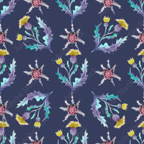 Seamless pattern of wildflowers on a dark blue background. Watercolor illustration.