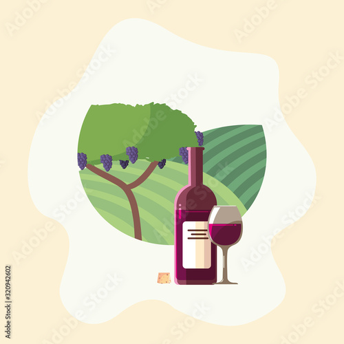 Wine bottle and cup in front of grapes tree vector design