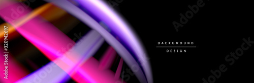 Silk and smooth flow wave poster design. Color waves, liquid style lines and shapes in black color background