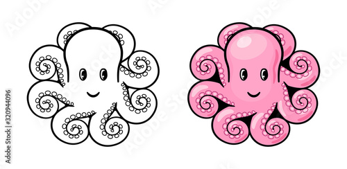 Cute cartoon smiling octopus. Black and white and colored variants
