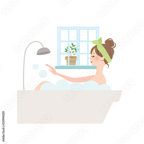 Vector illustration of a woman taking a bath　シャワー　入浴　リラックス　女性ベクターイラスト　