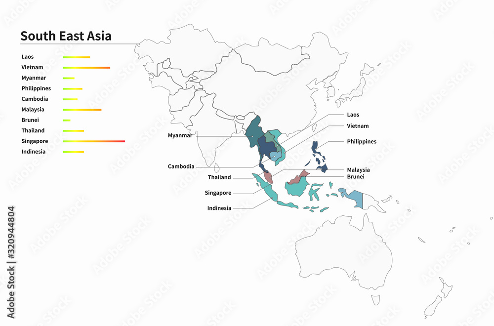 asian countries map. asia map. asean union.