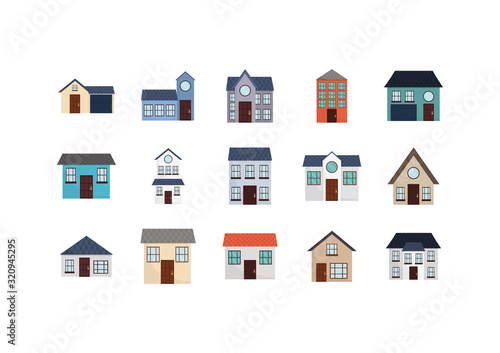 Isolated houses set with window and door vector design