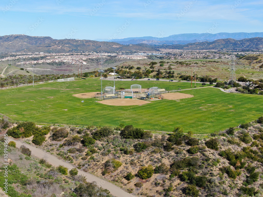 Aerial top view of Community park baseball sports field. Black Mountain