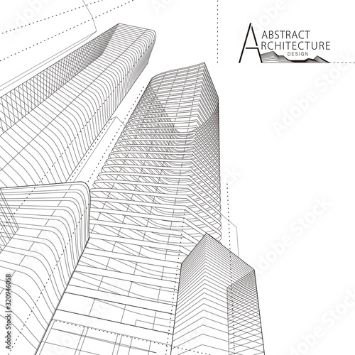 3D illustration architecture building construction perspective design, abstract modern urban building line drawing.
