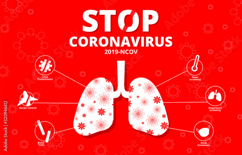 Vector illustration of a lung with wuhan coronavirus symbol inside and symbols explain how to stop the Coronavirus with the virus background.Stop Coronavirus 2019-nCoV text.Influenza outbreak concept.