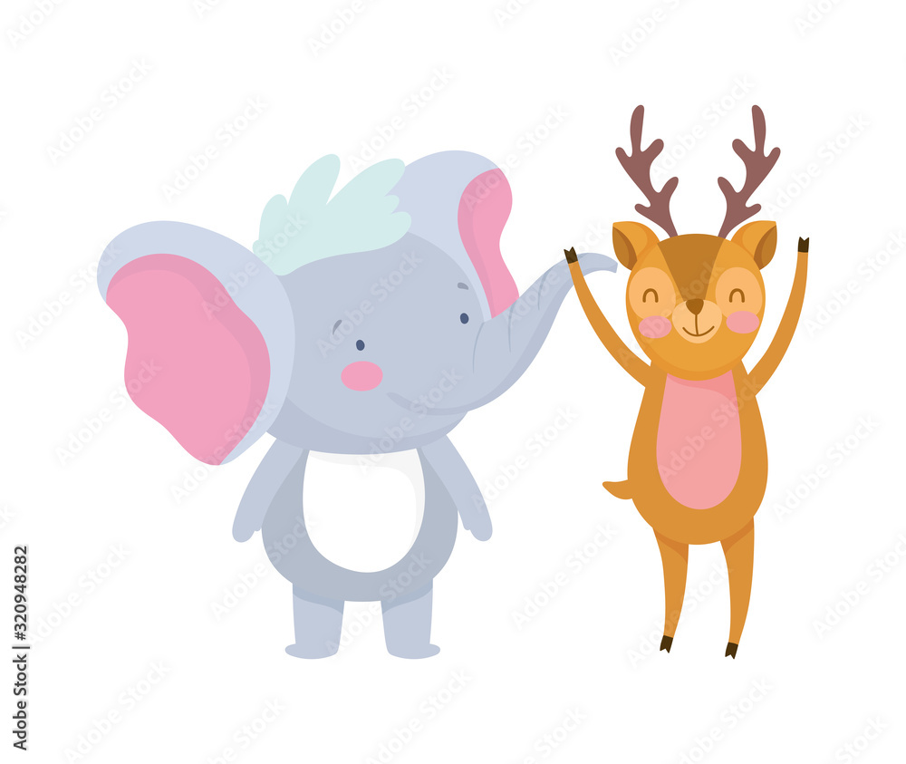 Fototapeta premium little elephant and deer cartoon character on white background