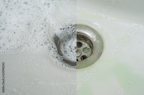 Photos before and after foaming the detergent on the surface of the bathroom drain hole.
