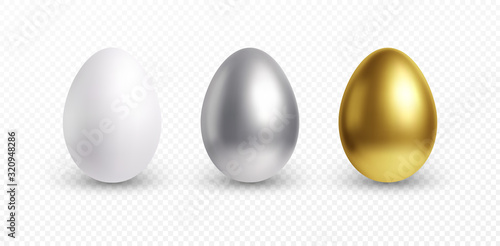 Set of different 3D realistic, shiny, golden, holographic Easter eggs isolated on white background. Vector illustration