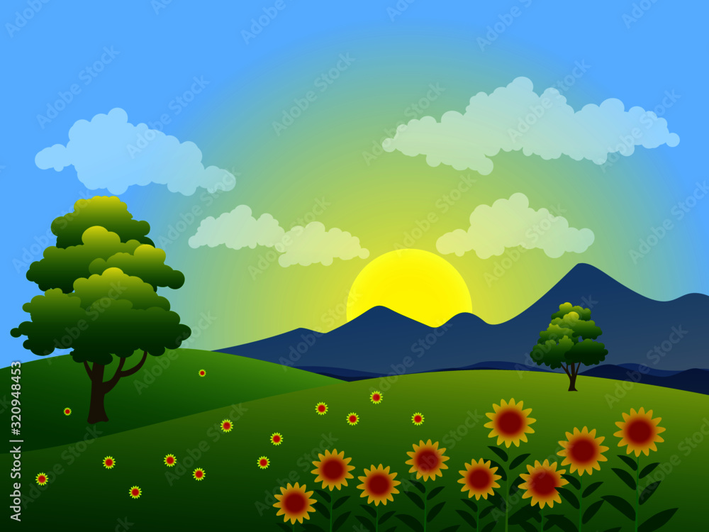 Sunrise landscape with trees and flowers