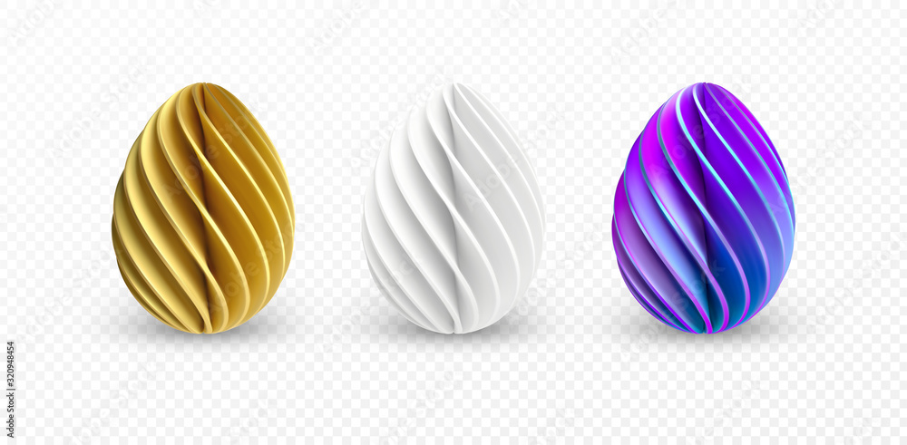 Set of different 3D realistic, shiny, golden, holographic Easter eggs isolated on white background. Vector illustration Set of different 3D realistic, shiny, golden, holographic Easter eggs isolated on white background. Vector illustration