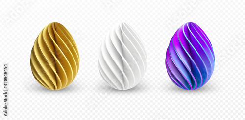 Set of different 3D realistic, shiny, golden, holographic Easter eggs isolated on white background. Vector illustration