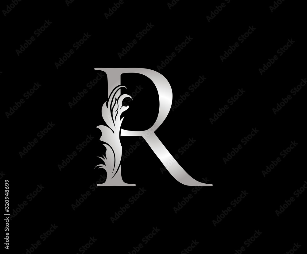 Silver R Luxury Logo Icon, Floral R Letter Logo Design.