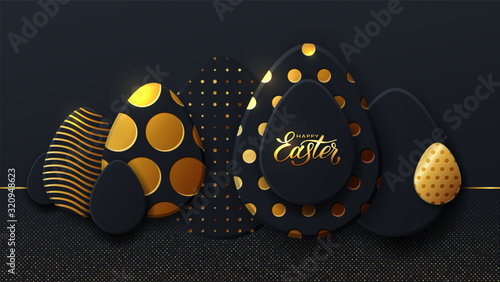 Gold eggs, Happy easter. Background of golden and black egg with dot patterns, spiral and lines pattern on a dark background for design cards, posters, invitations for Easter.