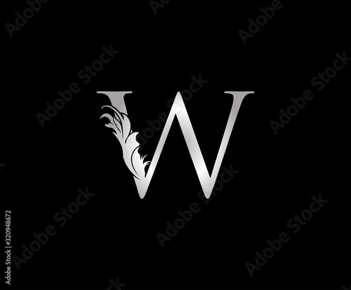 Silver W Luxury Logo Icon, Floral W Letter Logo Design.