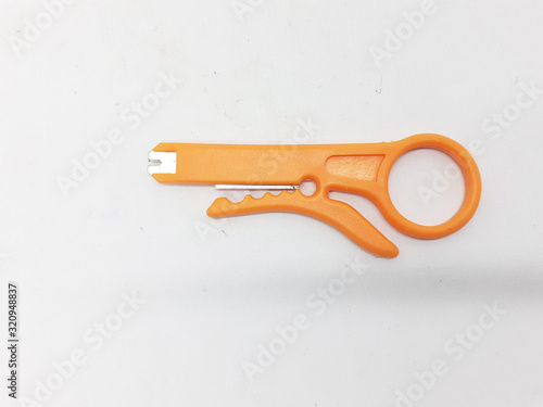 Modern Mechanical Computer Network LAN Cable Crimping Cutter and Installation Tools in White Isolated Background