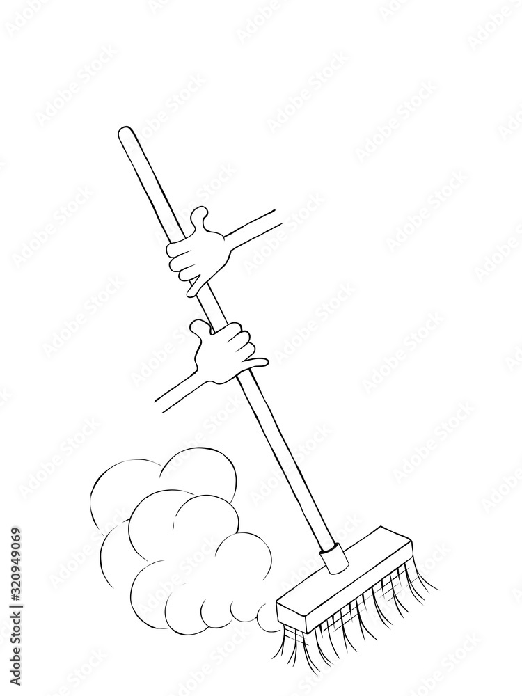 hands holding a broom. black and white cartoon 