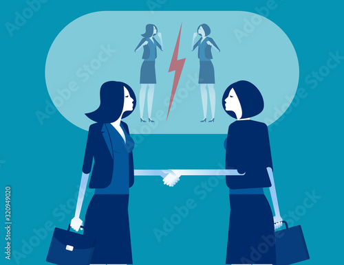 Person are shaking hands on inside and fight on outside. Concept business vector design, Competition