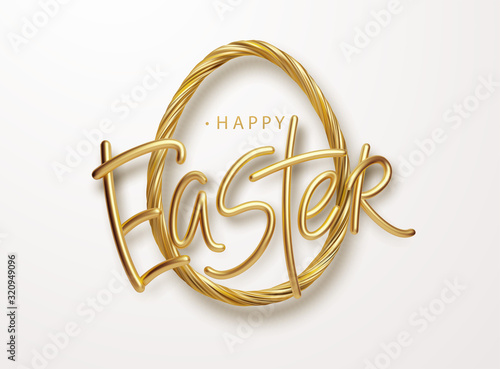 Modern trendy Golden metallic shiny typography Happy Easter on a background of easter eggs. 3D realistic lettering for the design of flyers, brochures, leaflets, posters and cards Vector illustration