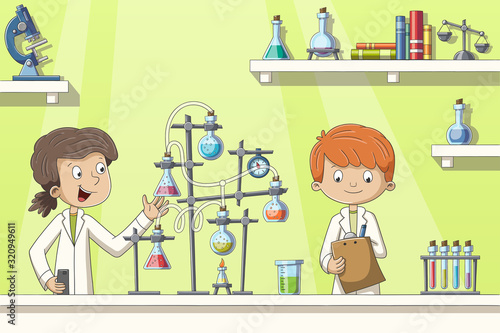 Two children experiment in a laboratory. Hand drawn vector illustration with separate layers.