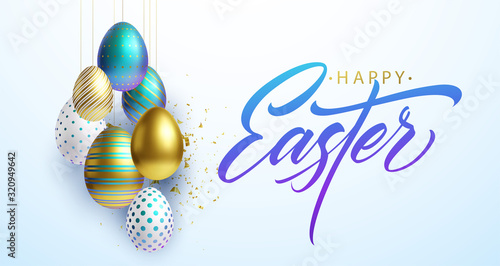 Happy Easter lettering background with 3D realistic gold, white and blue shiny decorated eggs, confetti. Vector illustration