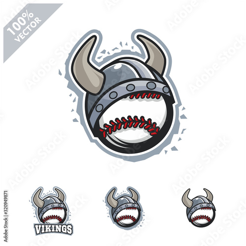 Baseball softball ball with Viking helmet logo vector illustration for club or team. Scalable and editable 4 variation vector.	