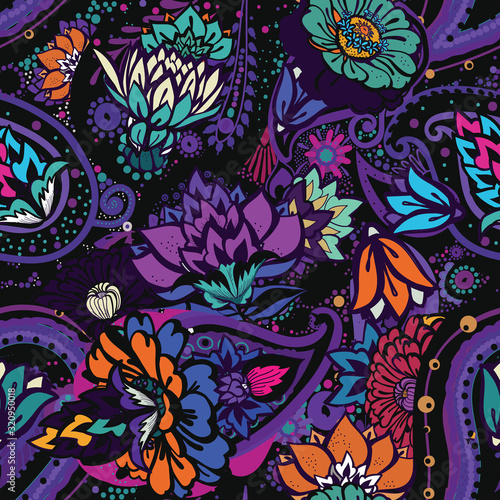 Seamless floral pattern in vintage oriental paisley style.