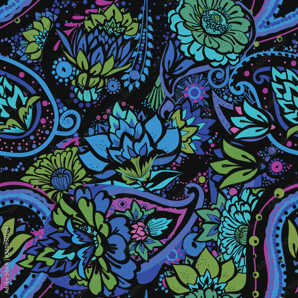 Seamless floral pattern in vintage oriental paisley style.
