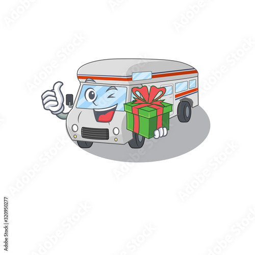 Happy campervan character having a gift box