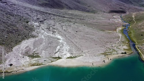 Aerial shot of people standing at the shore of chandratal lake , spiti valley photo